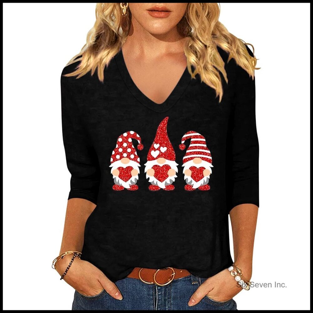 Funny Love Heart Graphic Long Sleeve Tee 3/4 Sleeve V Neck Casual Matching Tops
